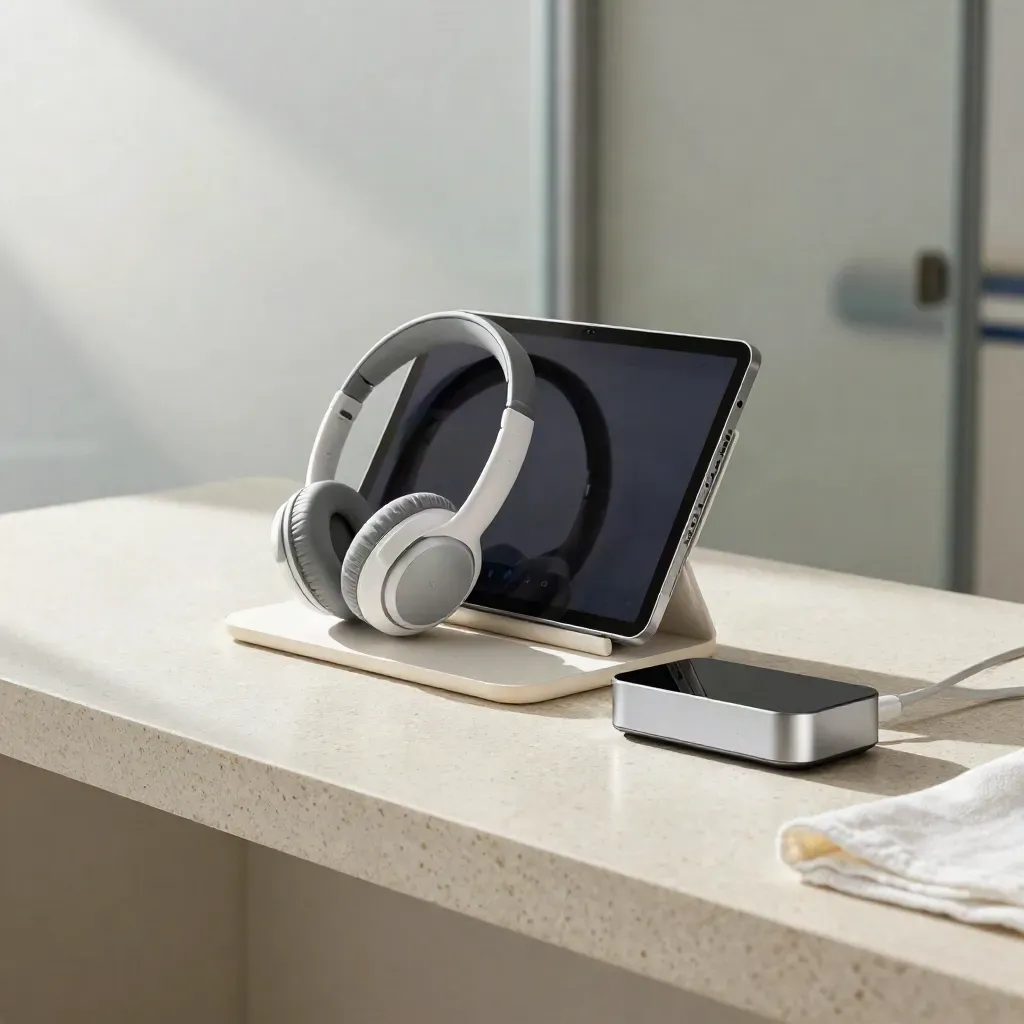 Tablet de telemedicina con auriculares y altavoz en clínica, iluminado y listo para videconsulta.