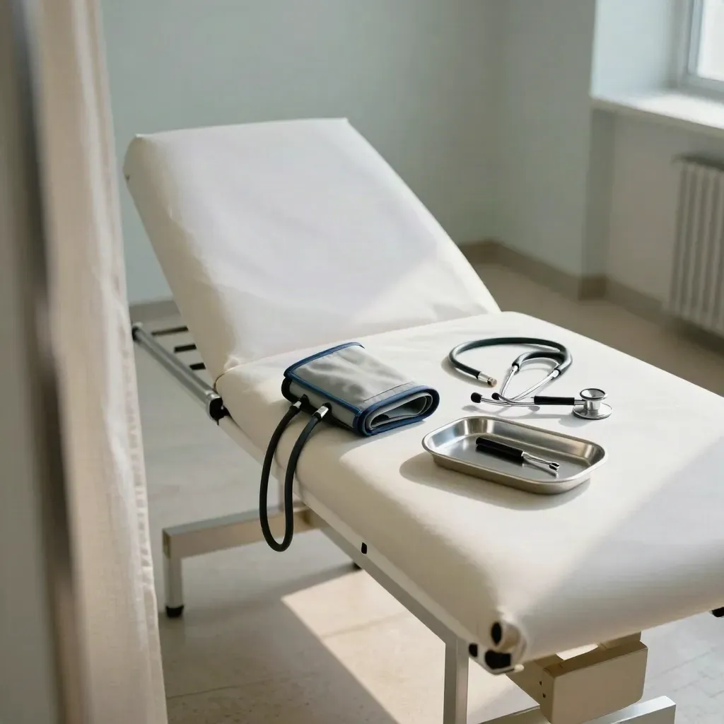 Consulta médica vacía, luminosa y lista, con camilla, tensiómetro y estetoscopio.