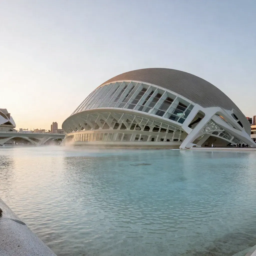 La Ciudad de las Artes y las Ciencias reflejada en agua quieta al atardecer.